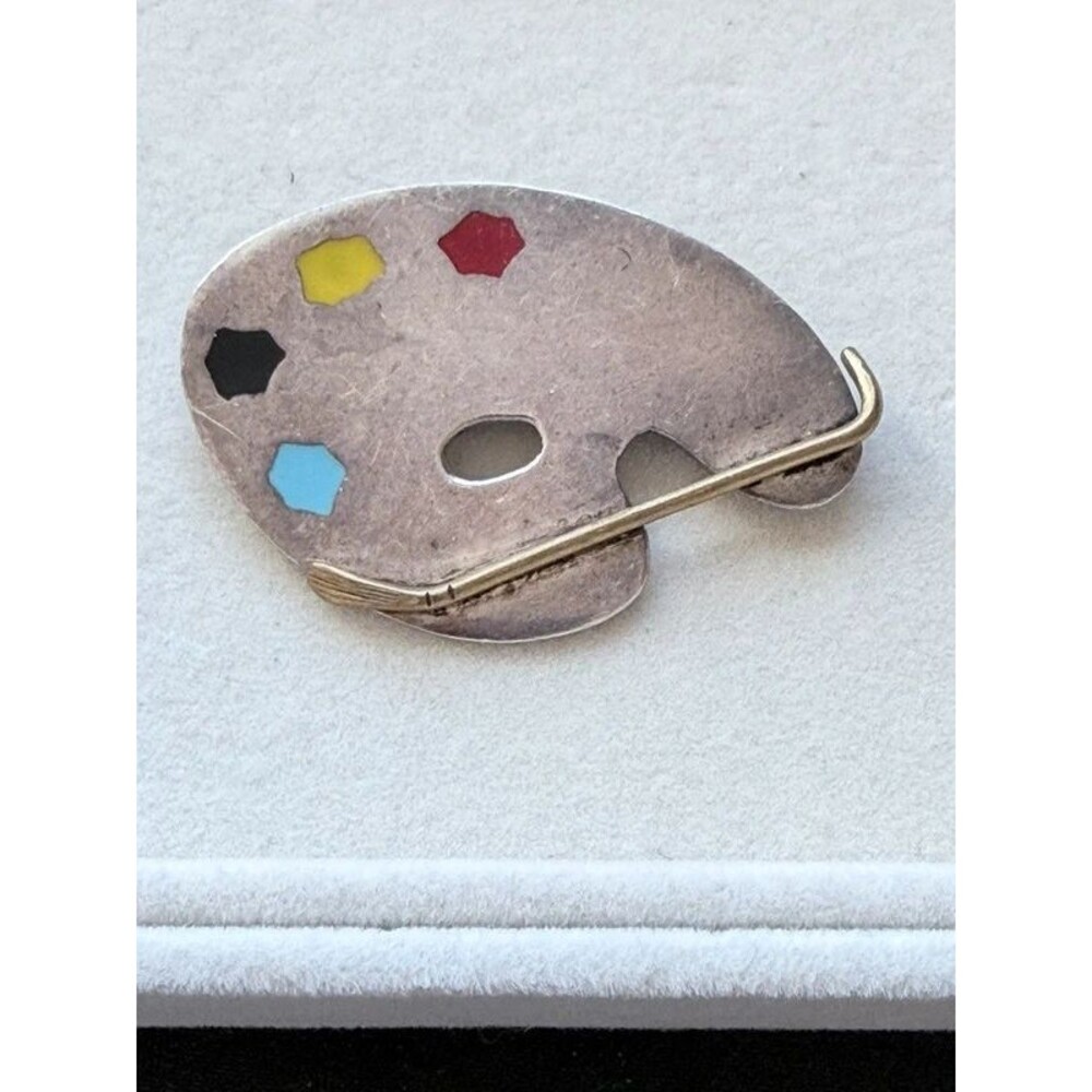 Vintage 925 Sterling Silver Artist Palette & Paintbrush Brooch Pin